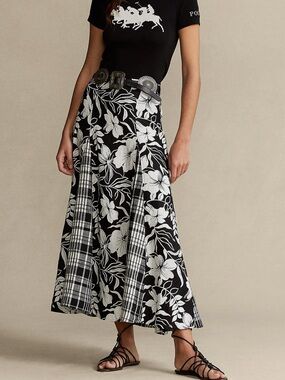 Polo Ralph Lauren Floral & Plaid Print -Block Linen Skirt Linen Panelled Skirt 8
